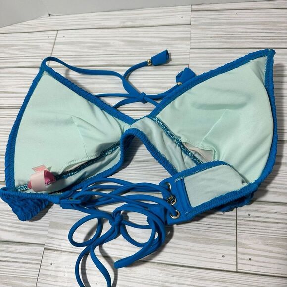 VICTORIA’S SECRET SMOCKED TRIANGLE PADDED STRAPPY BIKINI TOP BLUE MEDIUM‎ - Picture 4 of 6